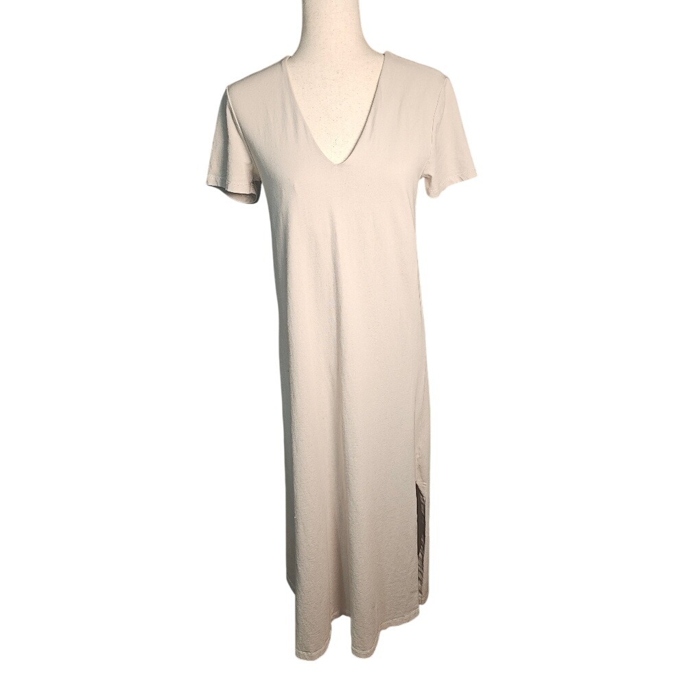 Rachel Zoe V-Neck Beige Tan Short Sleeve Cotton T-shirt Dress Sz Small